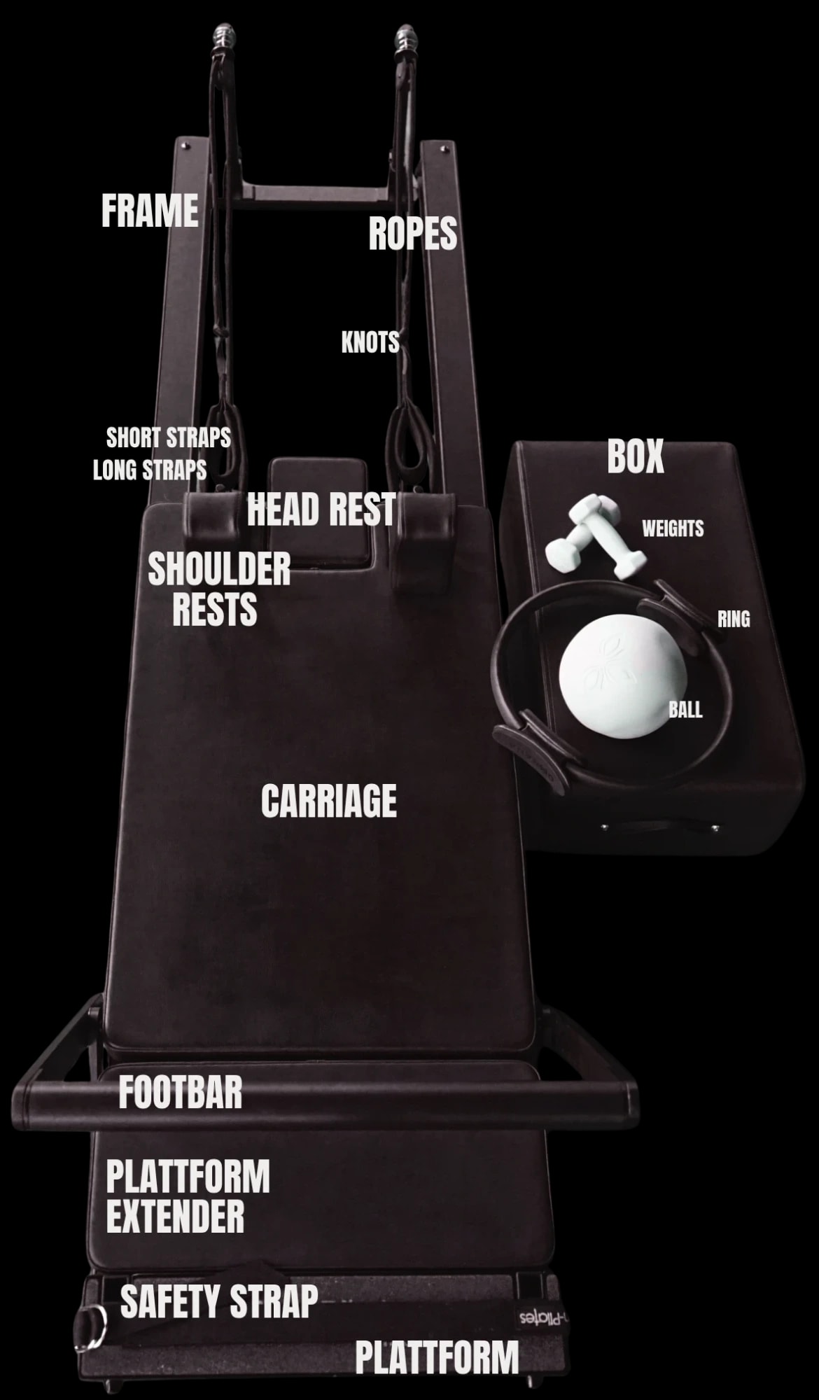 Reformer von oben mit beschrifteten Teilen: Frame, Ropes, Straps, Head Rest, Shoulder Rests, Carriage, Footbar, Platform und Box mit Zubehör